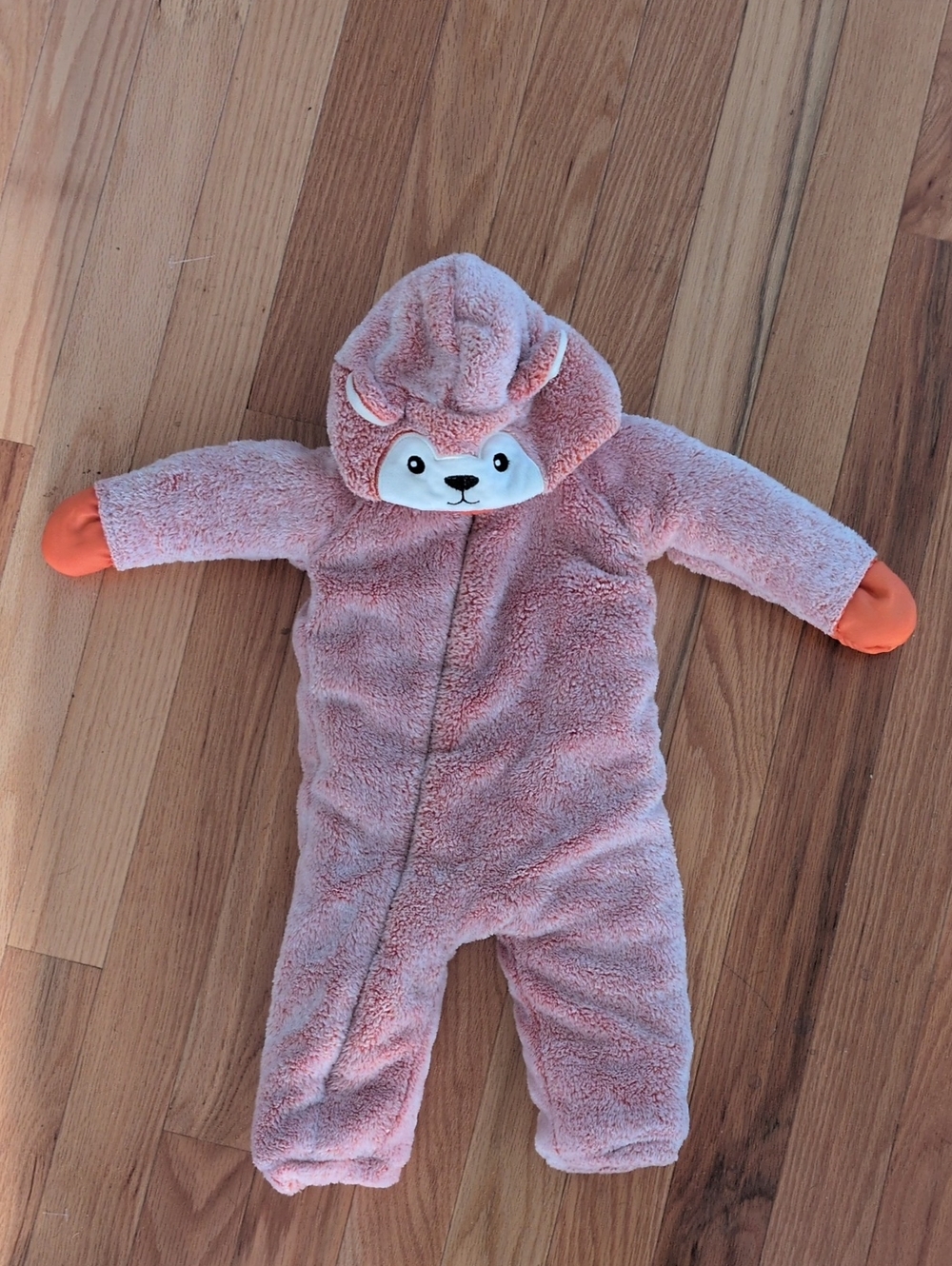 Koala Baby Plush Hooded One-Piece with Orange Cuffs 6-9 mo Warm Animal Face